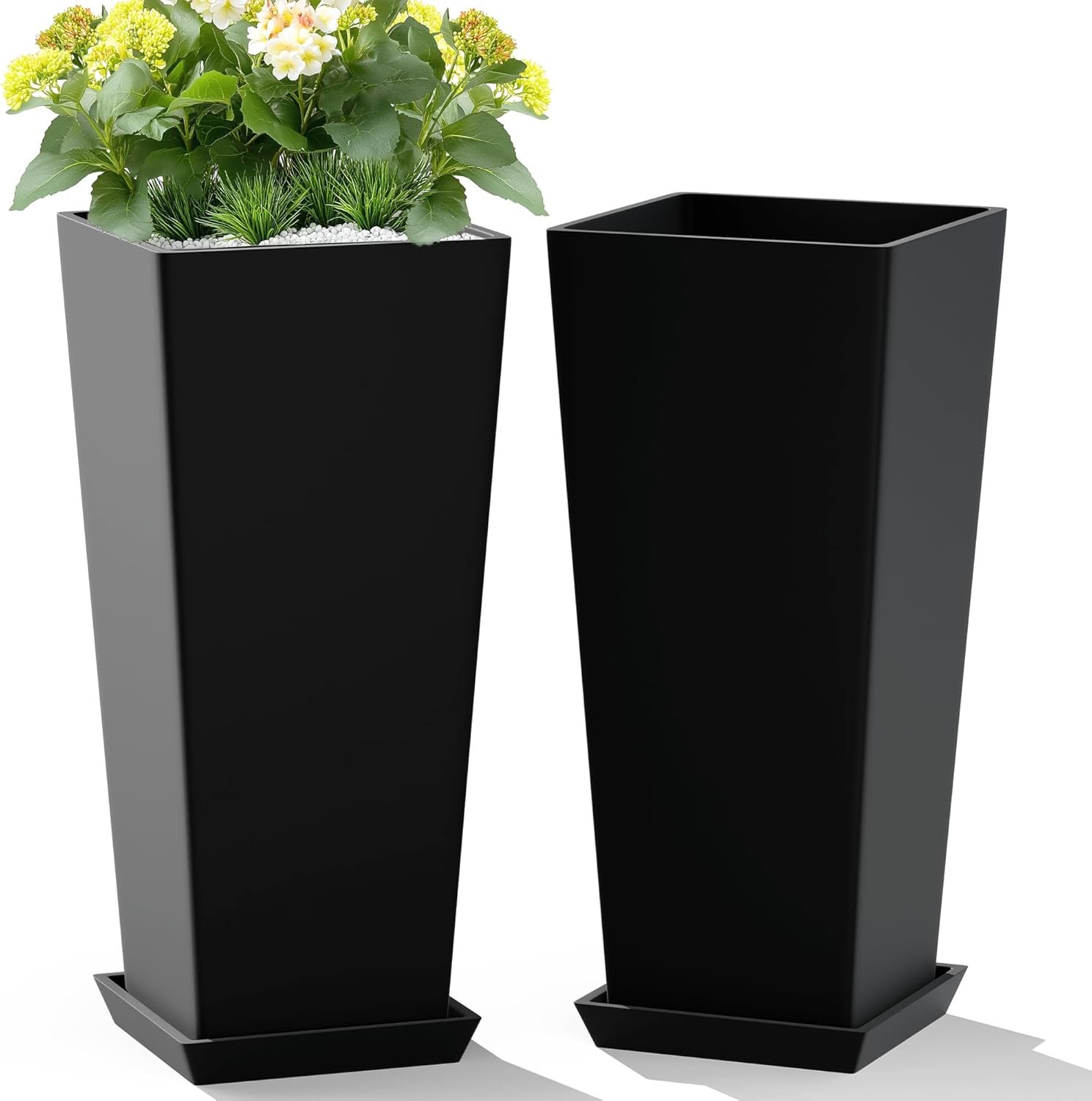 Set of 2 Large Tall Planter for Indoor  Flower Pots Tapered Tall Planters