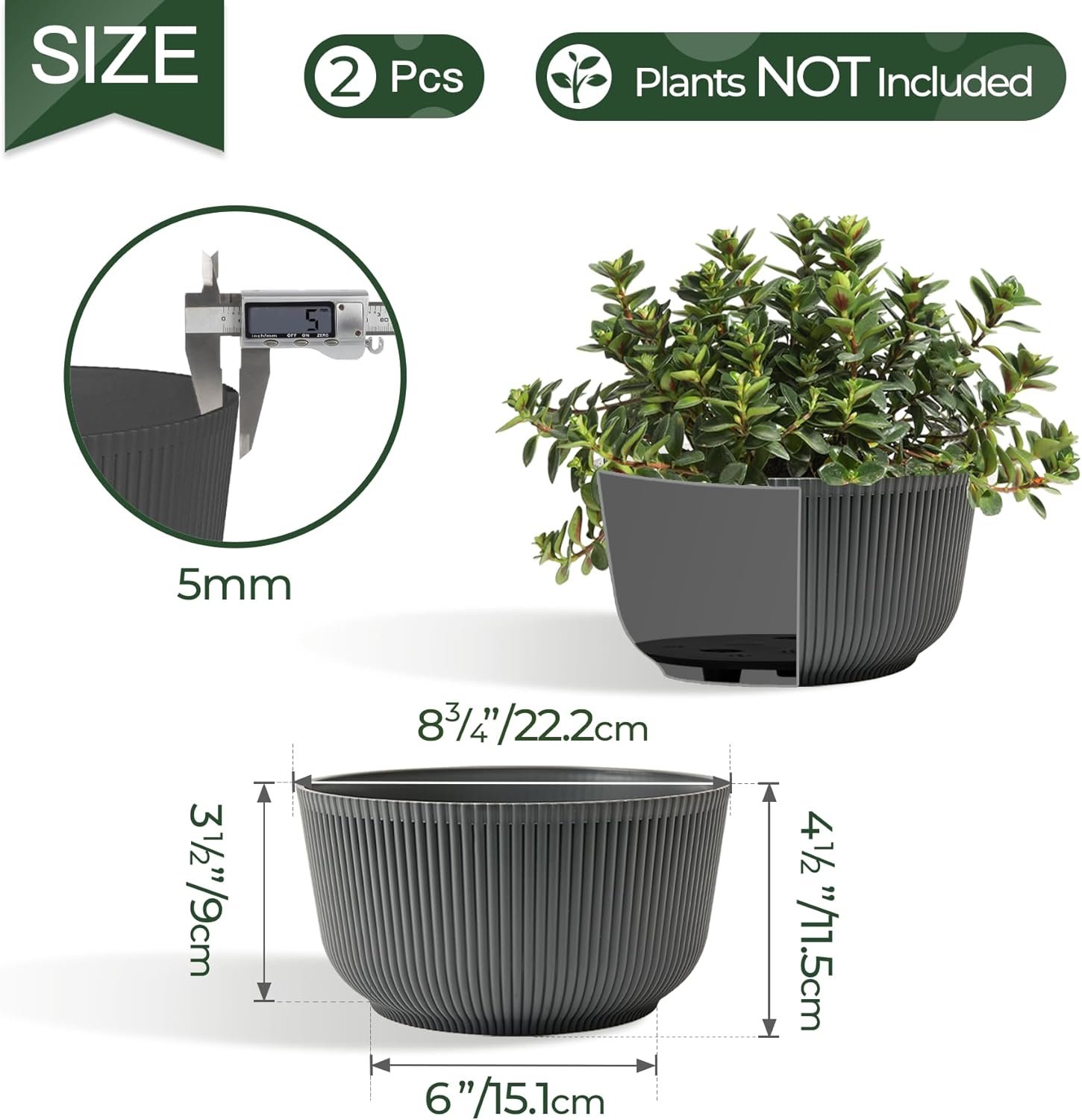 8 Inch Plant Pots, 2 Pack Self Watering Planter with Drainage Hole - Image 2