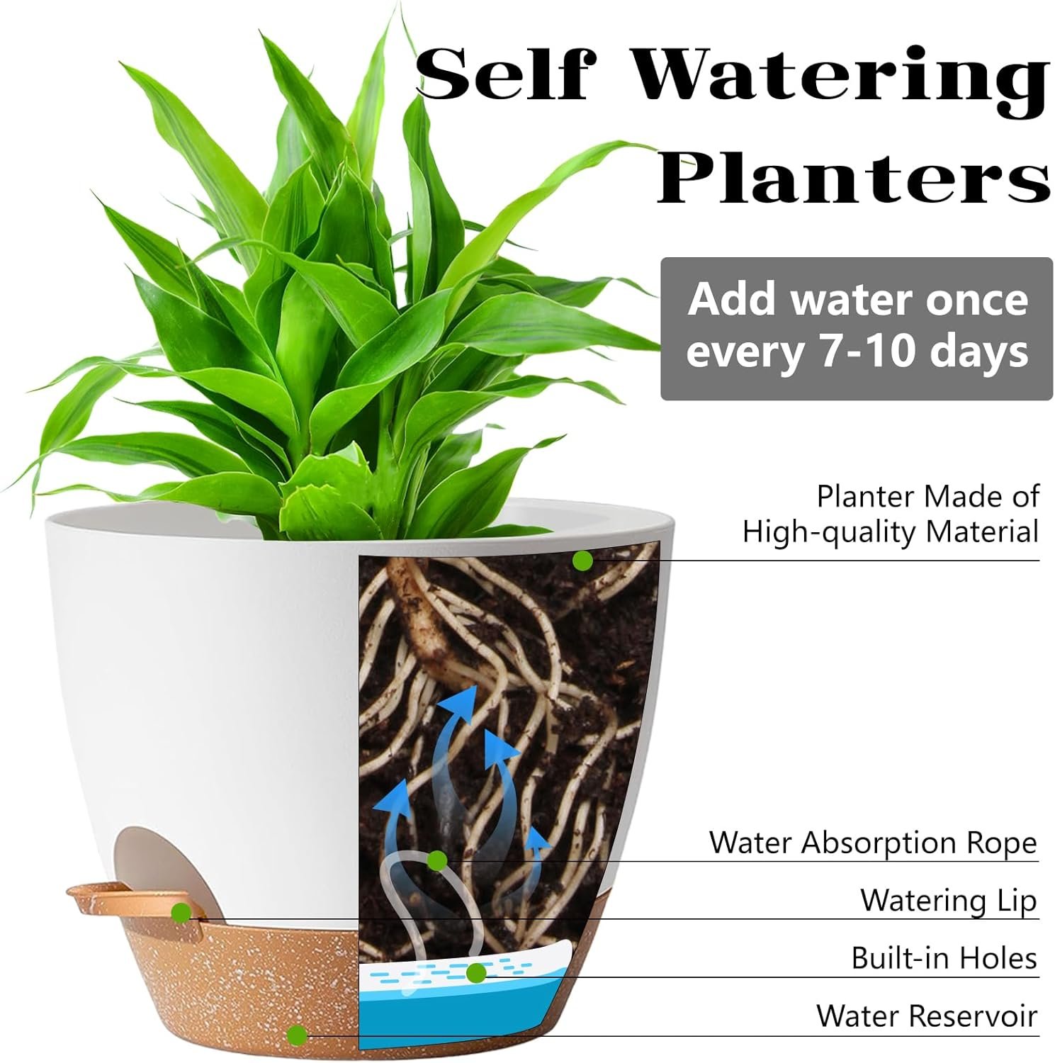 5Pack Self Watering Plant Pots for Lazy People,White Plastic Self Watering Planter - Image 9
