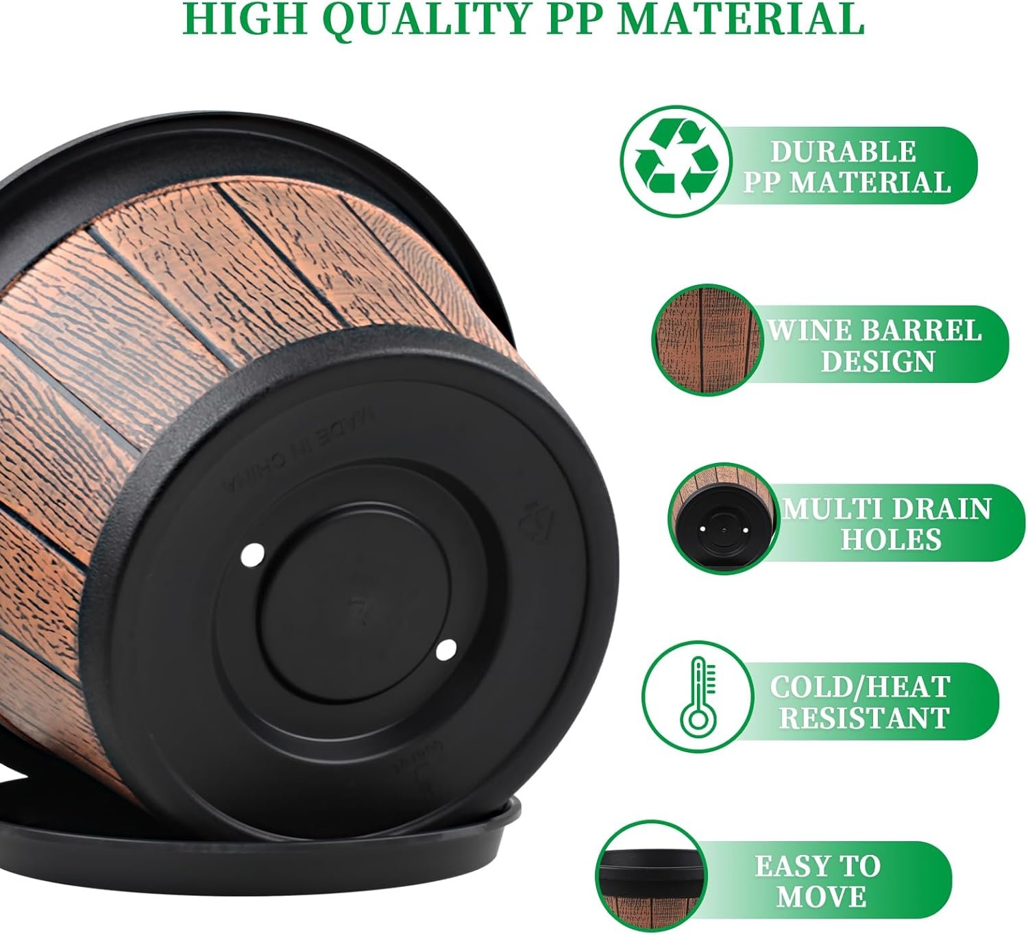 Large 4 Pack 16 inch Plant Pots,Whiskey Barrel Planters with Drainage Holes & Saucer - Image 4