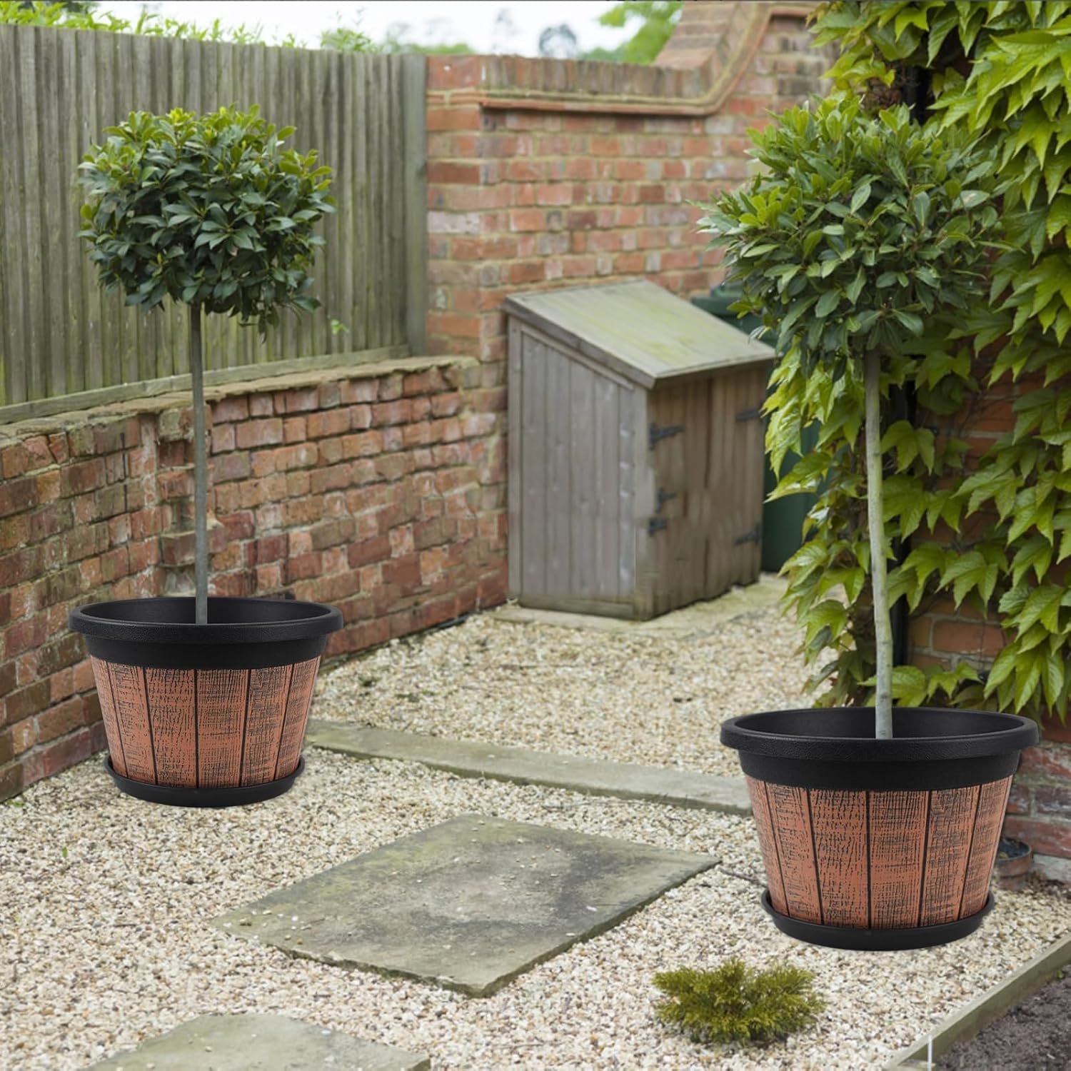 Large 4 Pack 16 inch Plant Pots,Whiskey Barrel Planters with Drainage Holes & Saucer - Image 8