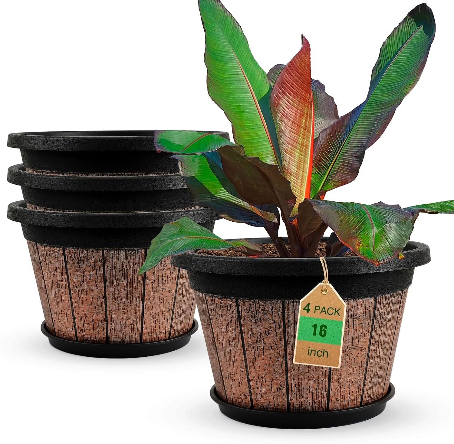 Large 4 Pack 16 inch Plant Pots,Whiskey Barrel Planters with Drainage Holes & Saucer